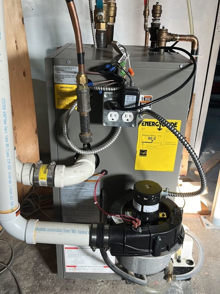 Boiler with a circulator pump, black combustion blower, white PVC venting and a yellow EnerGuide label in a utility area