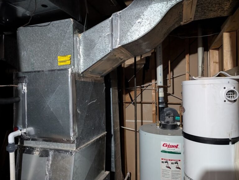 Galvanized furnace plenum and duct trunk rising above a furnace beside a gas water heater in an unfinished basement